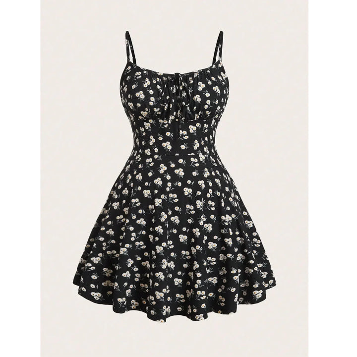 Rovelli black floral print mini dress with spaghetti straps and fitted bodice