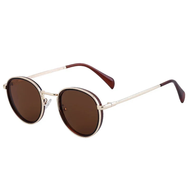 A pair of rounded sunglasses with gold metal frames, brown lenses featuring UV400 protection, and brown-tipped temple arms are shown on a white background.