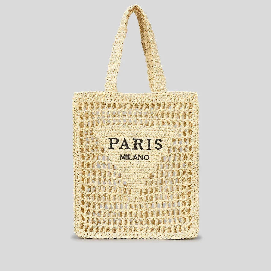 Rovelli woven straw tote bag with 'PARIS MILANO' text on front, neutral background