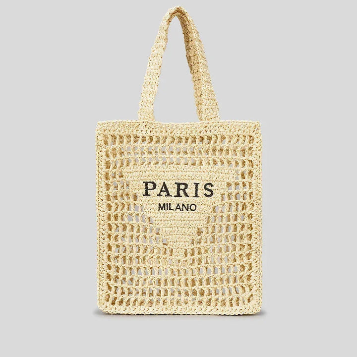 Rovelli woven straw tote bag with 'PARIS MILANO' text on front, neutral background
