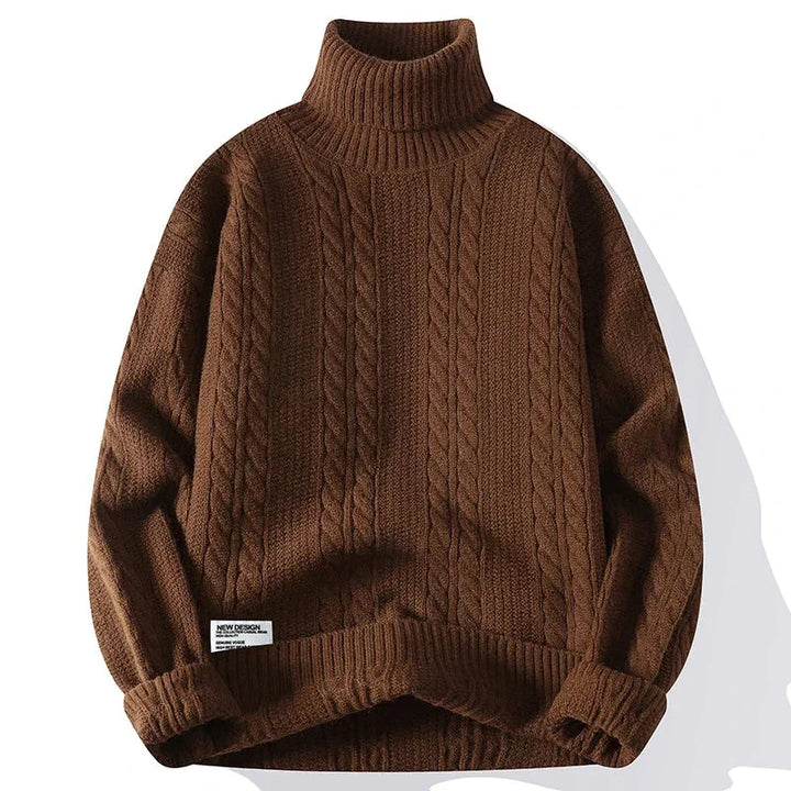 Rovelli brown cable knit turtleneck sweater with ribbed cuffs and hem