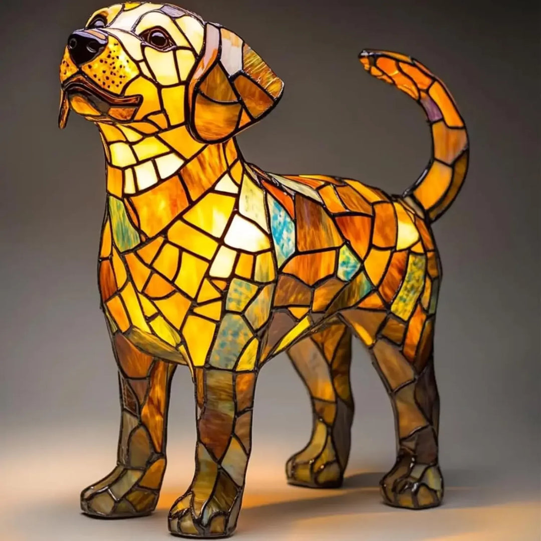Rovelli stained glass dog lamp, mosaic design, glowing warm colors, home decor