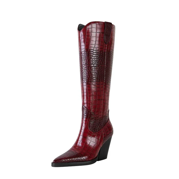 Rovelli burgundy crocodile-embossed knee-high cowboy boot with pointed toe and block heel