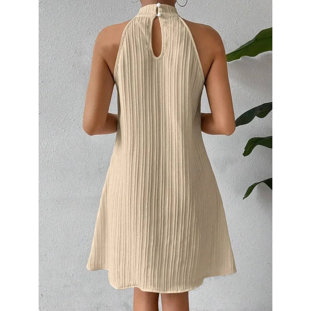Back view of sleeveless beige ribbed dress with keyhole detail, Rovelli fashion