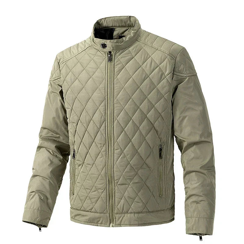 Light olive green slim-fit jacket with cotton insulation, featuring a front zipper, high collar, two zippered side pockets, and a diamond pattern stitched design on the front and sleeves.