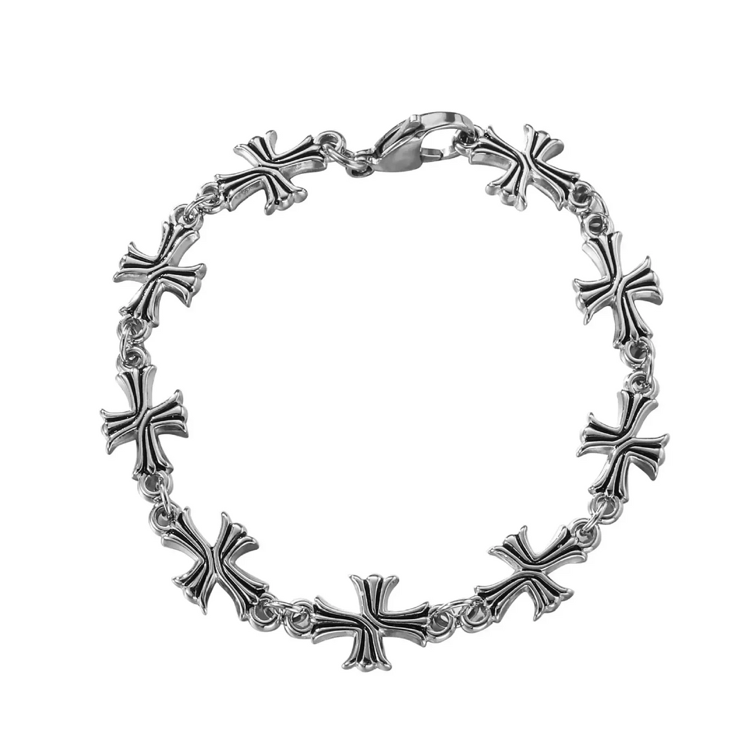 Silver cross link bracelet with lobster clasp on white background, Rovelli jewelry