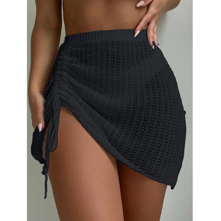 Rovelli black crochet mini skirt with ruched drawstring detail on model