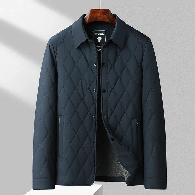 Rovelli dark navy quilted jacket with snap buttons, modern minimalist mens outerwear