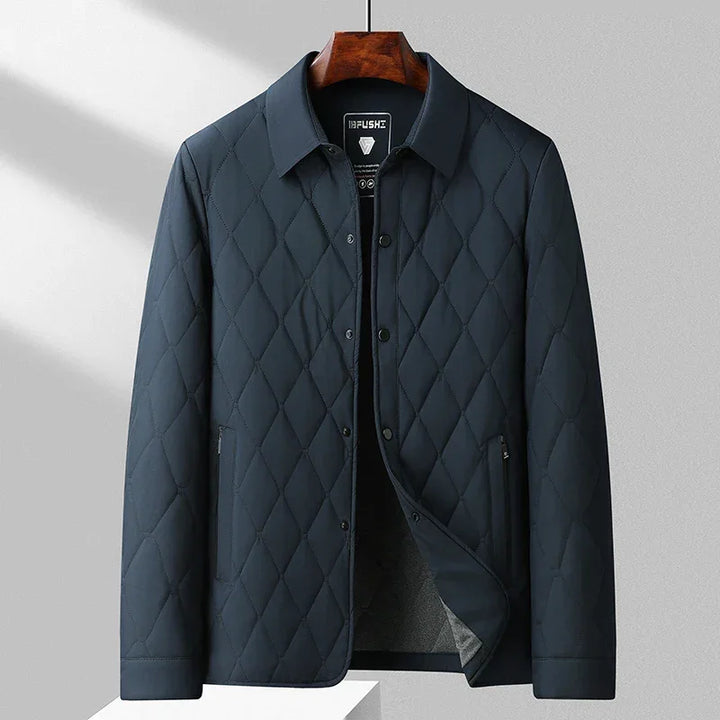 Rovelli dark navy quilted jacket with snap buttons, modern minimalist mens outerwear