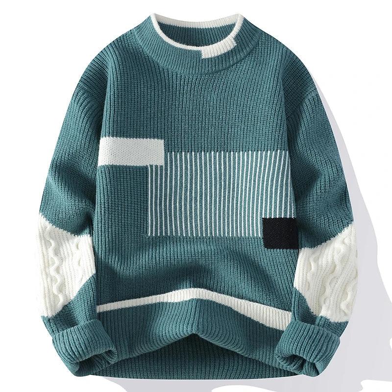 Rovelli teal knit sweater with white geometric patterns and color block sleeves