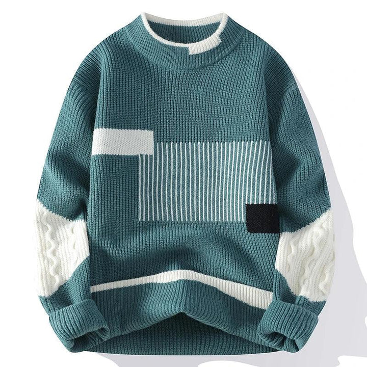 Rovelli teal knit sweater with white geometric patterns and color block sleeves