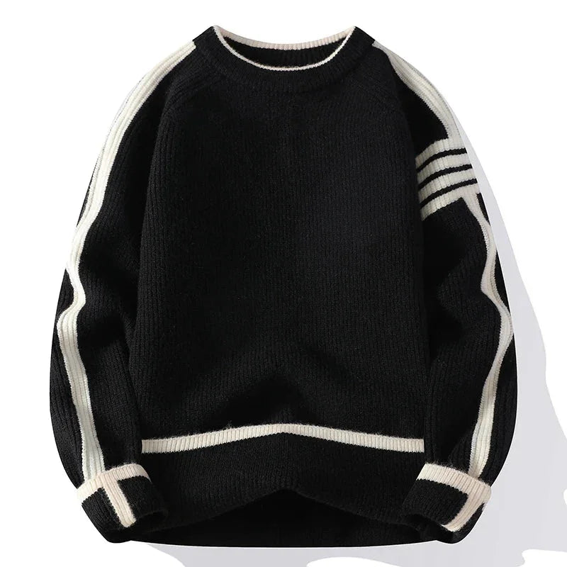 Rovelli black knit sweater with white stripes on sleeves and cuffs, casual pullover style