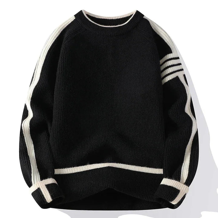 Rovelli black knit sweater with white stripes on sleeves and cuffs, casual pullover style