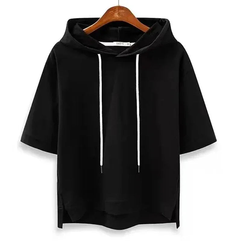 Rovelli black short sleeve hoodie with white drawstrings on a wooden hanger