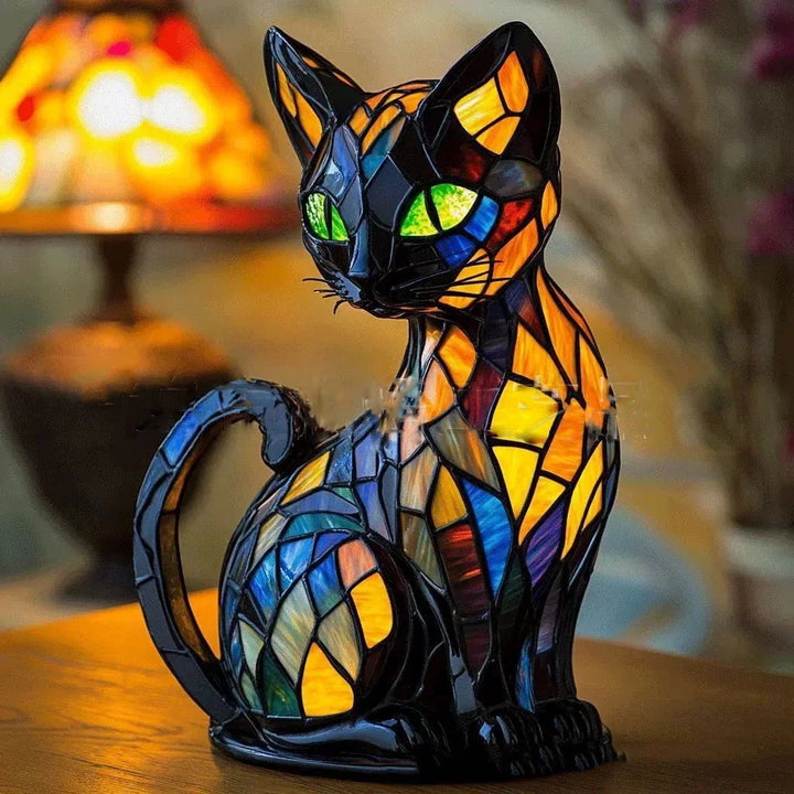 Rovelli stained glass cat lamp with vibrant colors on wooden table, ambient lighting