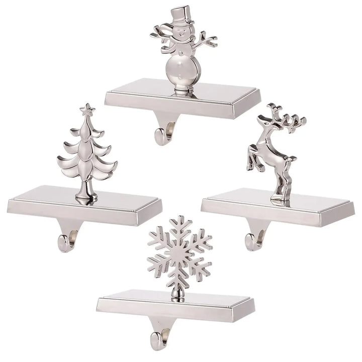 Rovelli silver holiday stocking holders with snowman, reindeer, tree, and snowflake designs