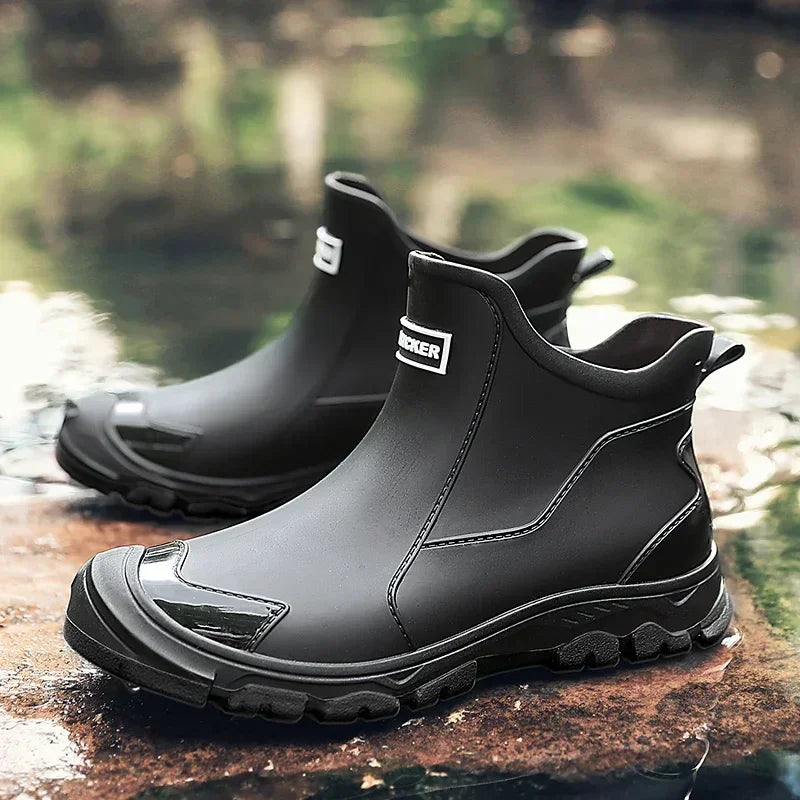 Black waterproof ankle boots with rugged soles by Rovelli, outdoor setting, premium footwear
