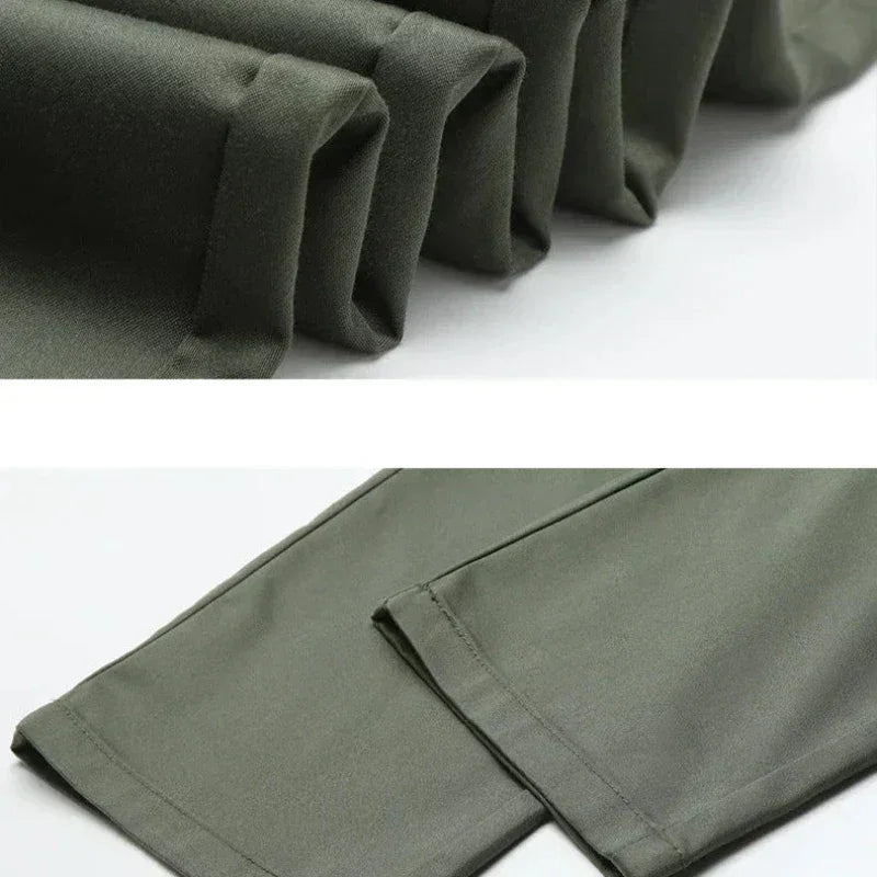 Close-up images of the hems of olive green pants, showing neat stitching and smooth fabric texture. Featuring a tailored fit, the top displays folded pant legs while the bottom shows two laid flat side by side.