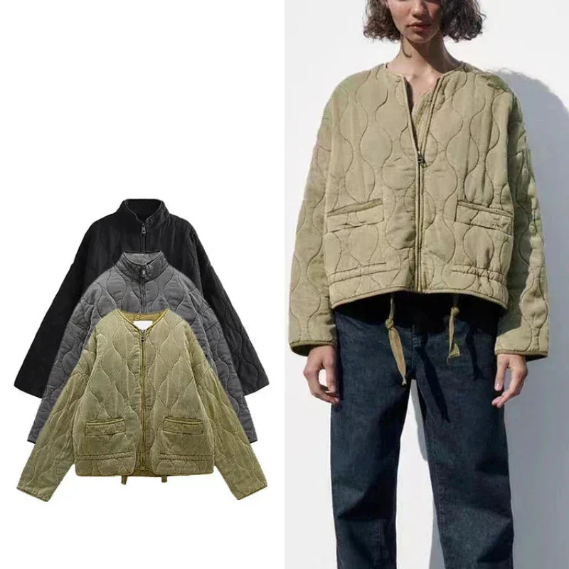 Three quilted bomber jackets in black, gray, and olive green are displayed on the left; on the right, a person wears the tailored fit olive green jacket with padded insulation, paired with dark jeans against a plain background.