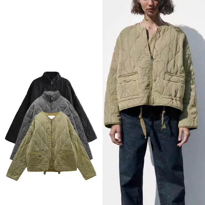 Three quilted bomber jackets in black, gray, and olive green are displayed on the left; on the right, a person wears the tailored fit olive green jacket with padded insulation, paired with dark jeans against a plain background.