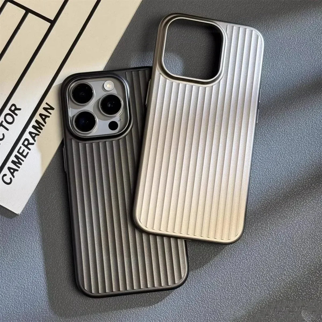 Rovelli ribbed metallic iPhone cases in grey and silver on table surface