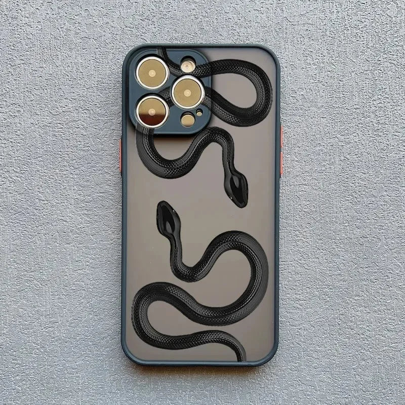 Rovelli phone case with two black snake designs on matte grey background