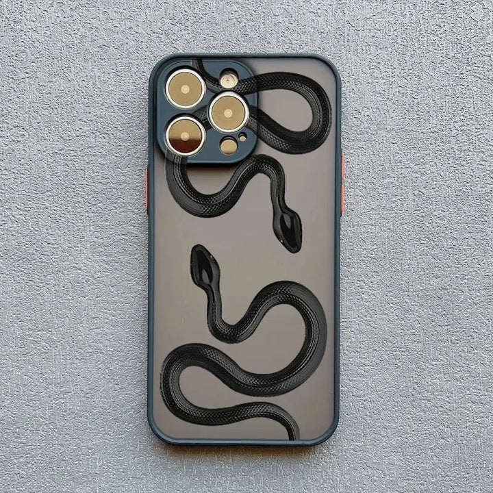 Rovelli phone case with two black snake designs on matte grey background