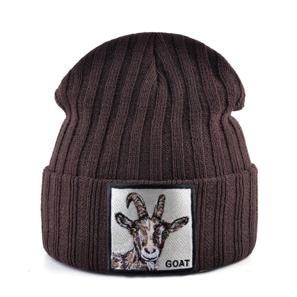 Brown ribbed knit beanie with embroidered goat patch, Rovelli winter accessory