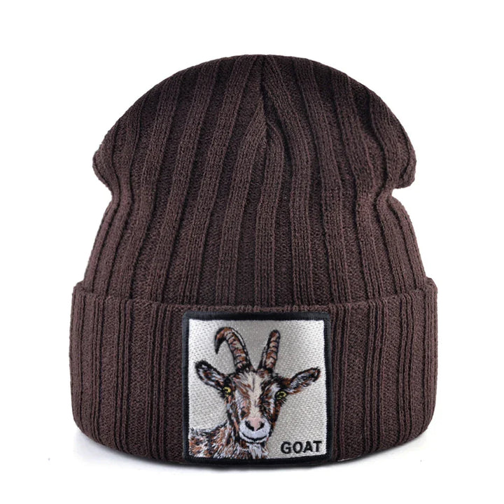 Brown ribbed knit beanie with embroidered goat patch, Rovelli winter accessory