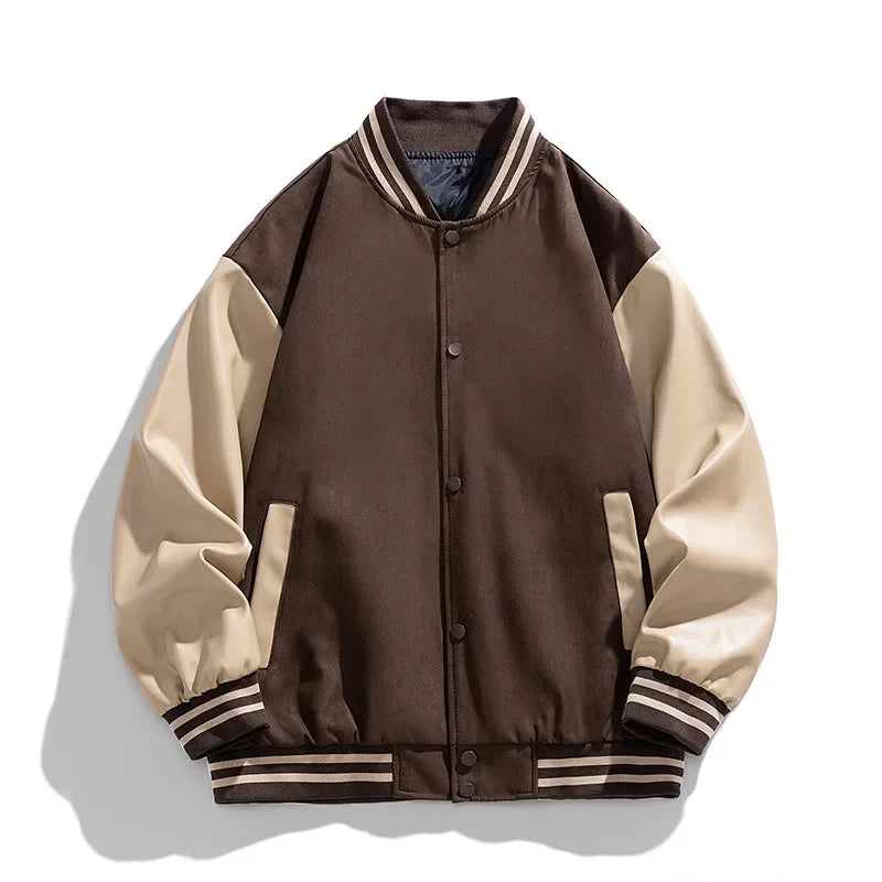 Rovelli brown varsity jacket with beige sleeves, striped collar and cuffs