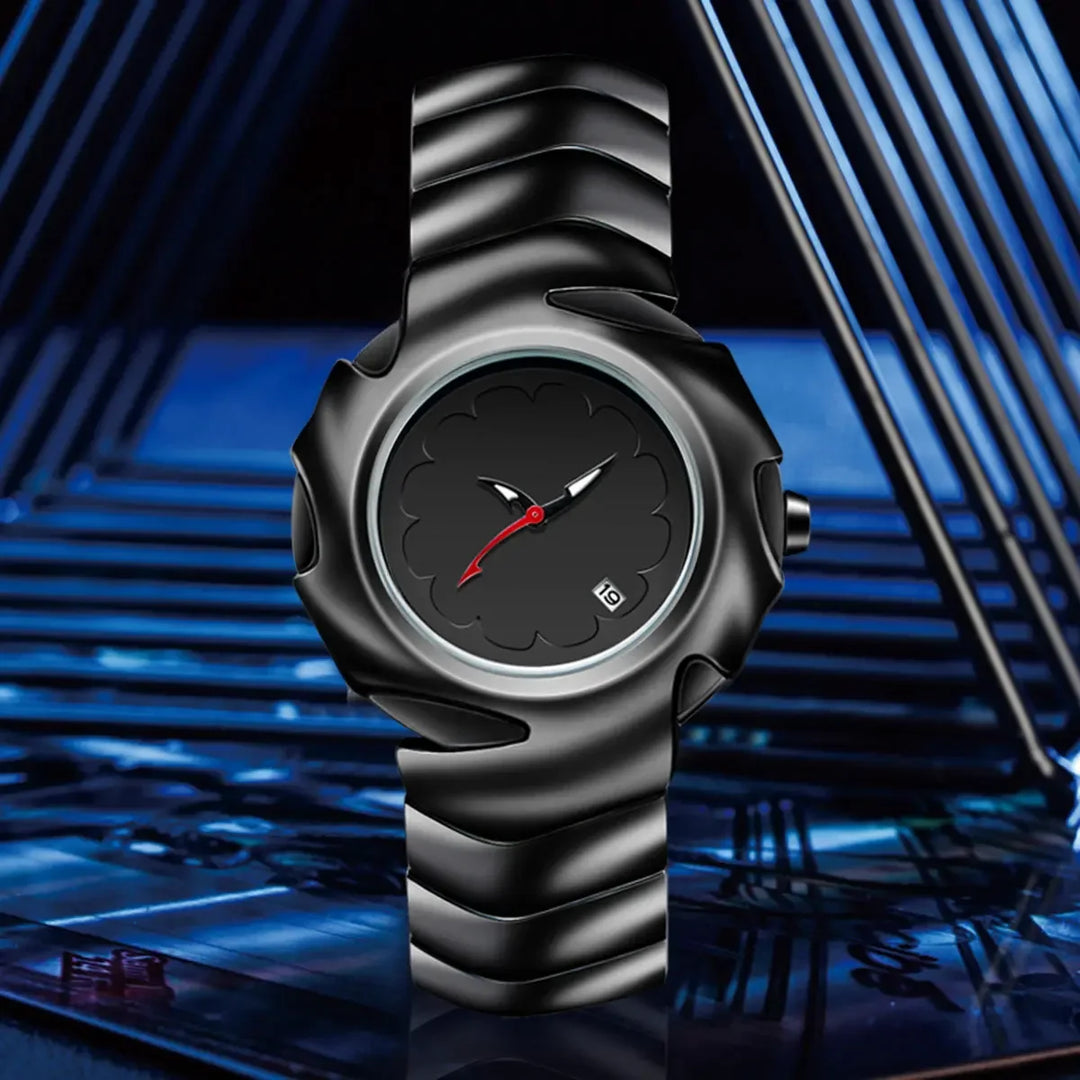 A black, scratch-resistant wristwatch with a wavy textured band and case is displayed against a geometric blue and black background. The minimalist watch face features red and white hands along with a small date window.