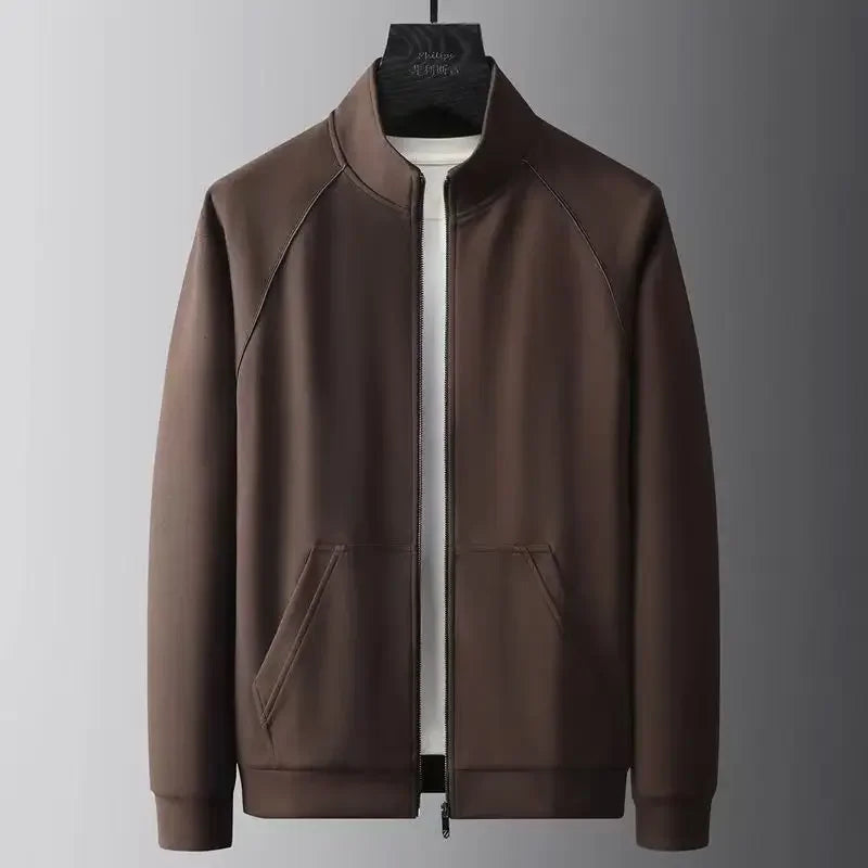 Rovelli brown zip-up jacket with pockets on hanger, minimalist background