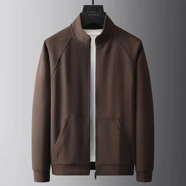 Rovelli brown zip-up jacket with pockets on hanger, minimalist background