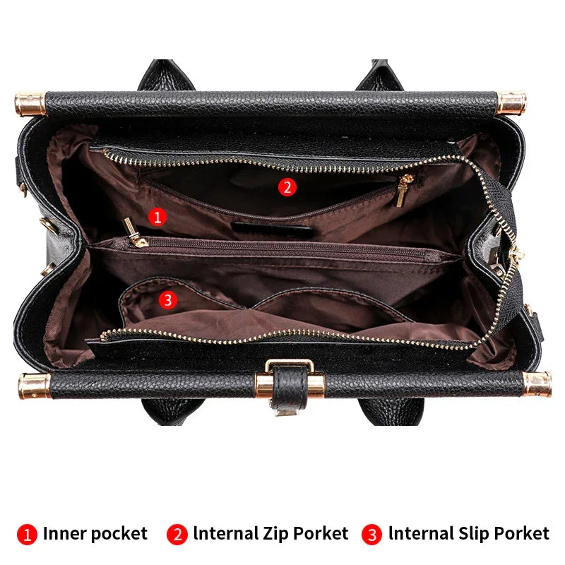 Rovelli black handbag top view showing inner pocket, internal zip pocket, and slip pocket compartments.