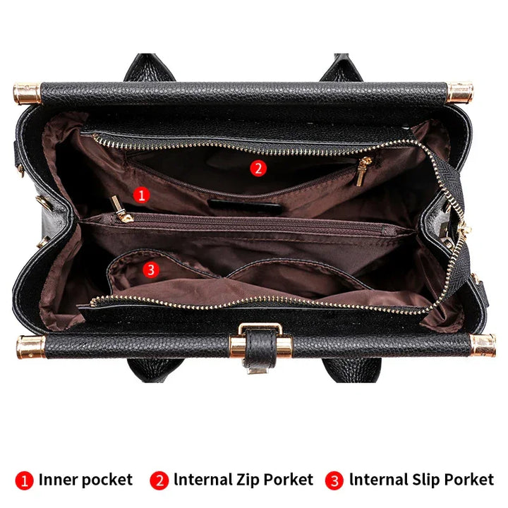 Rovelli black handbag top view showing inner pocket, internal zip pocket, and slip pocket compartments.