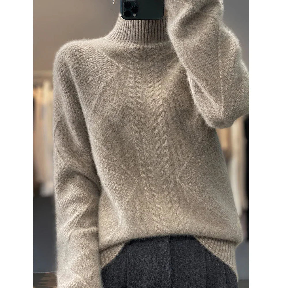 Rovelli soft beige cable knit sweater with textured patterns, worn indoors