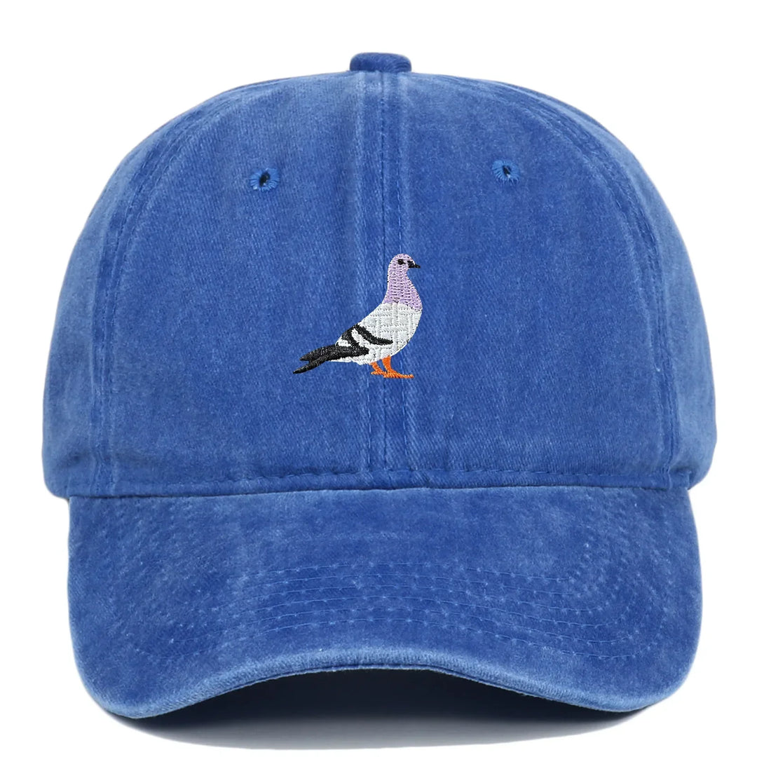 Blue Rovelli baseball cap with embroidered pigeon design on front