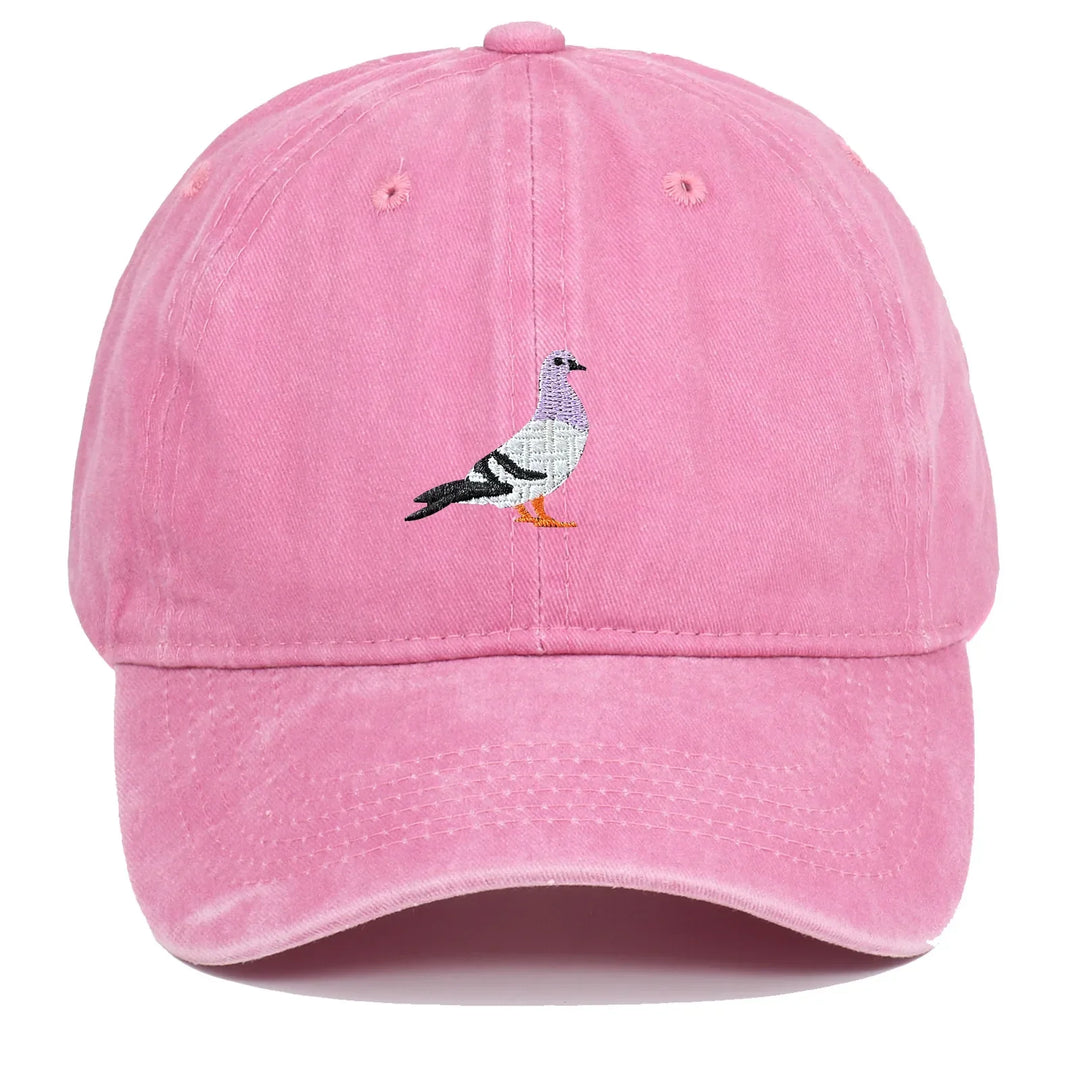 Pink baseball cap with embroidered pigeon design, Rovelli casual streetwear accessory