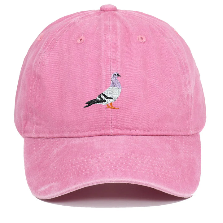 Pink baseball cap with embroidered pigeon design, Rovelli casual streetwear accessory