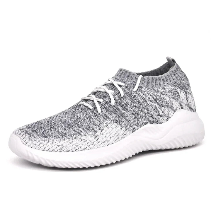 Rovelli grey knit sneaker with white sole and laces on white background