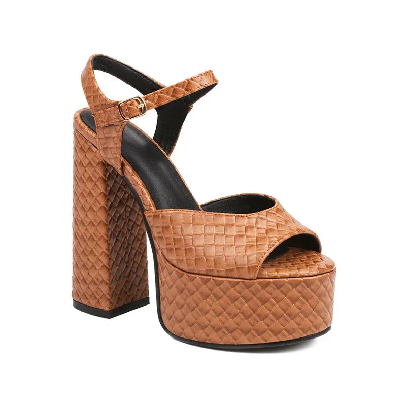 Rovelli tan woven platform heel sandal with ankle strap and chunky block heel