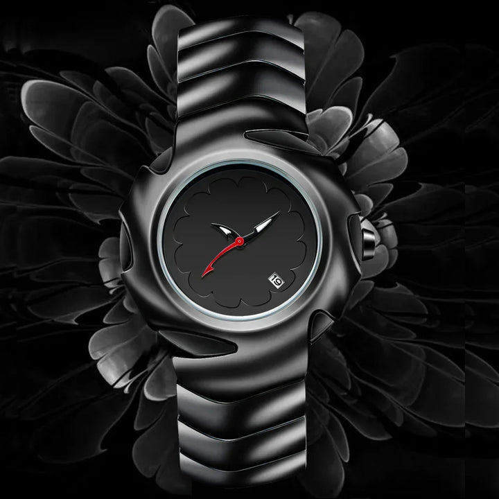 A modern black stainless steel watch with a sleek, wave-patterned band and case, featuring a dark flower-shaped dial, silver hour and minute hands, a red second hand, and a small date window, set against a dark floral background.