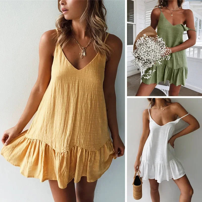 Rovelli summer sundresses in yellow, green, and white with ruffle hem, casual style