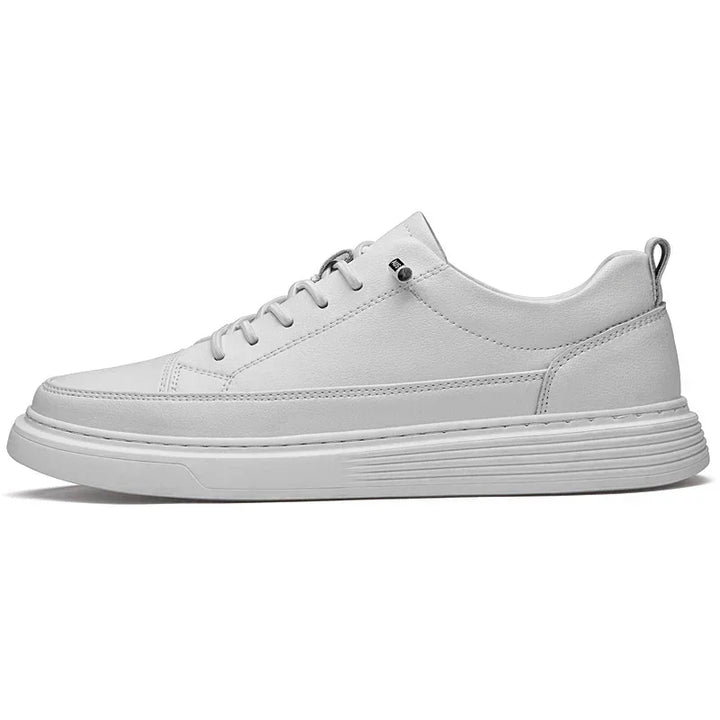 A plain white low-top sneaker with a lace-up design, textured sole, and small pull tab at the back, inspired by Italian court shoe style and featuring comfortable RunForm insoles, shown in side profile on a plain white background.