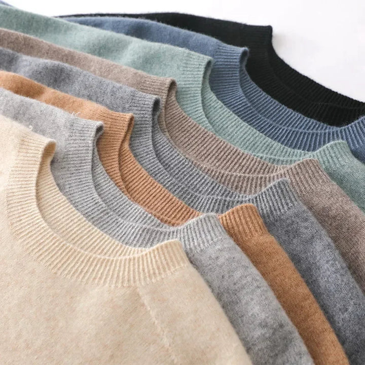 Rovelli wool sweaters in assorted colors, neatly arranged in a flat lay