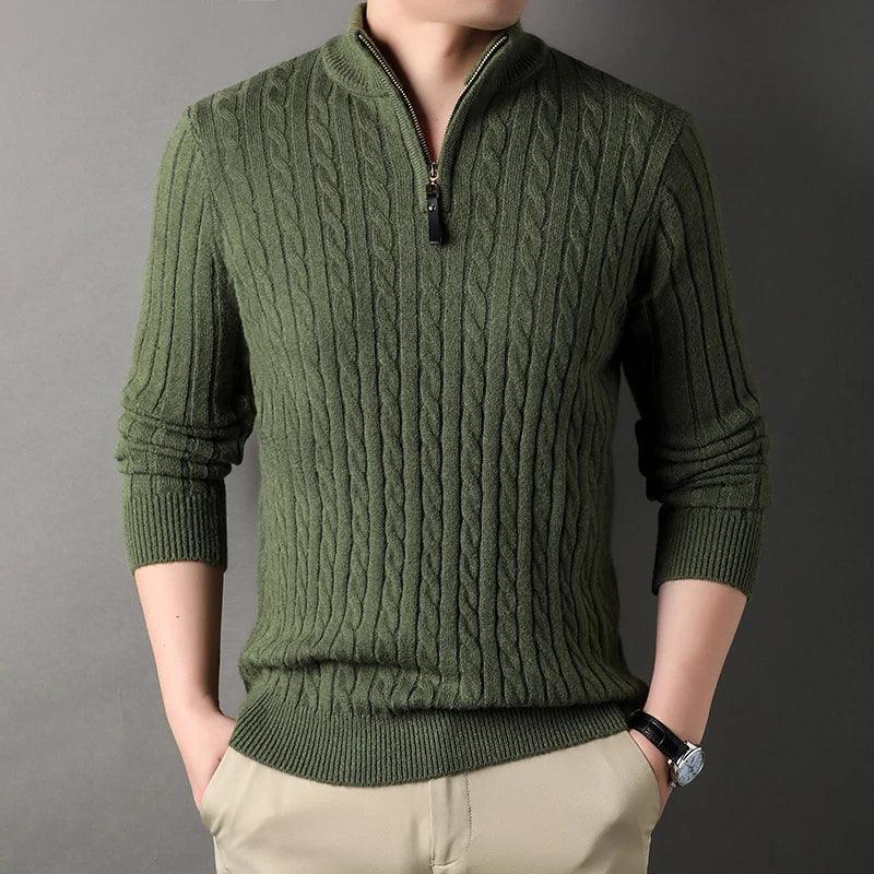 Man wearing olive green cable knit quarter-zip sweater, Rovelli fashion style