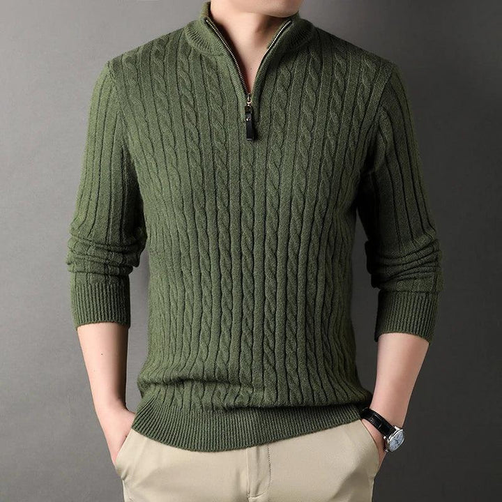 Man wearing olive green cable knit quarter-zip sweater, Rovelli fashion style