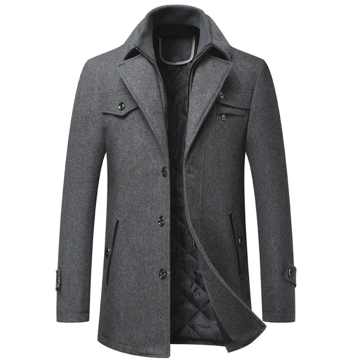 Rovelli men’s grey wool blend coat with quilted liner and button closure