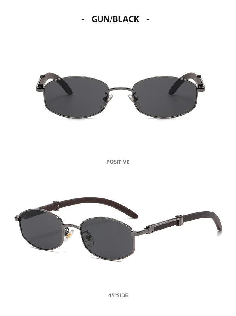 Two views of vintage-inspired sunglasses with black, oval lenses and thin gold-tone frames; the top image shows the front view, while the bottom image displays a 45-degree side view with dark arms and nose pads. UV400 protection included.