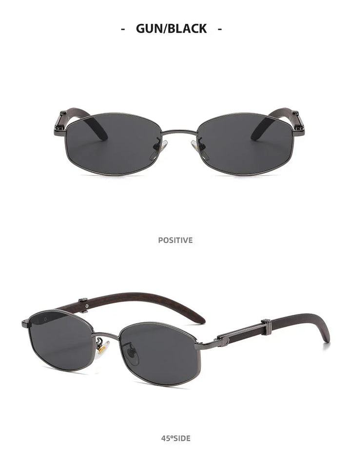 Two views of vintage-inspired sunglasses with black, oval lenses and thin gold-tone frames; the top image shows the front view, while the bottom image displays a 45-degree side view with dark arms and nose pads. UV400 protection included.